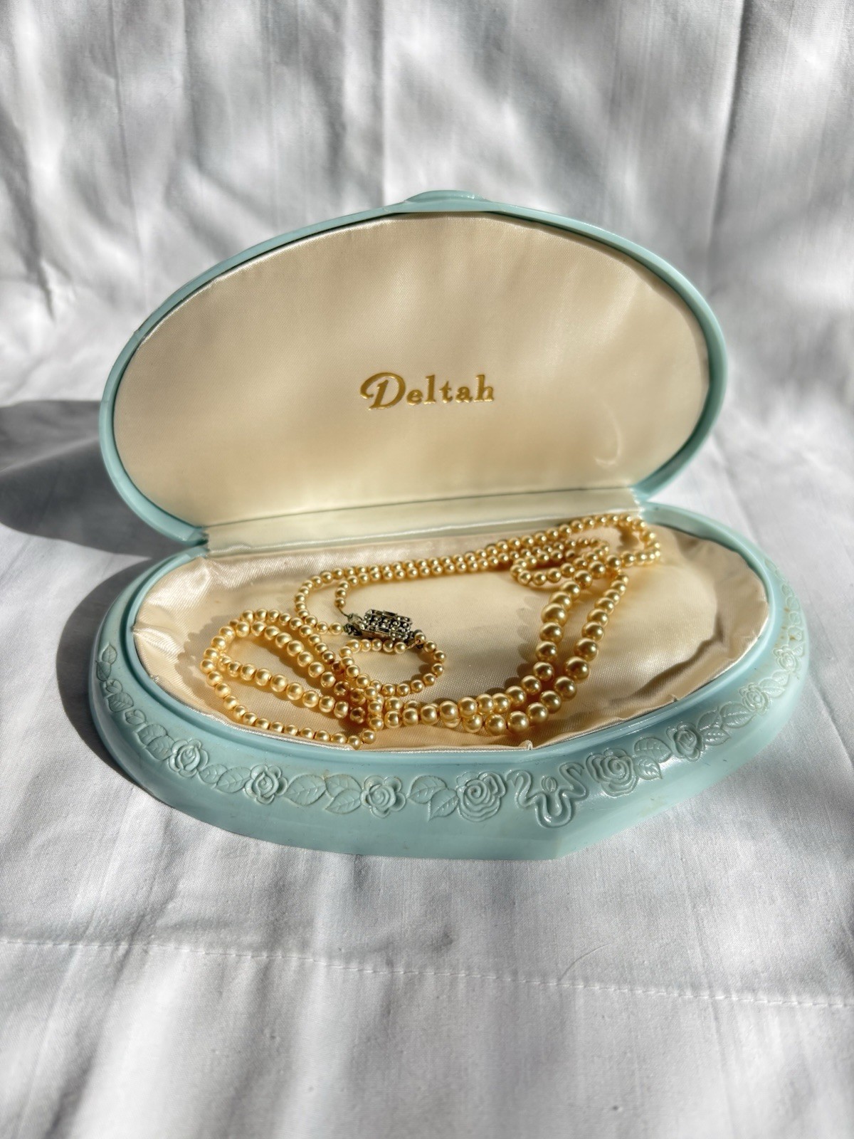 Vintage Delta Box and Gold Tone Double Strand Faux Pearl Beaded Necklace