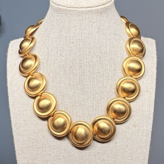 RARE 1980s Anne Klein Gold Tone Statement Disc Chain Necklace Runway Glam 17in