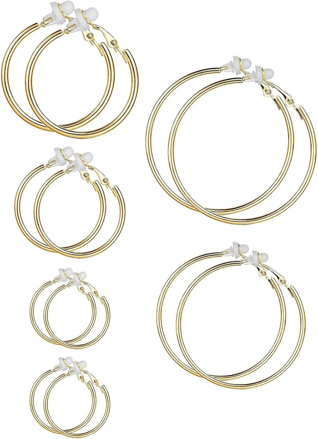 Charming Gold Clip-On Hoop Earrings Set – Hypoallergenic, 6 Count for Women