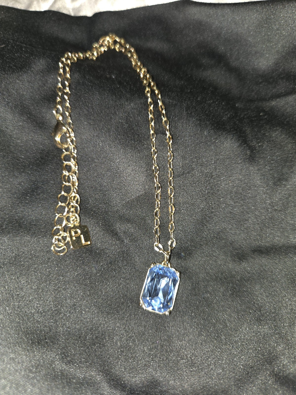 Gold Tone Rectangle Blue Crystal Pendant Necklace, Adjustable Cable Chain