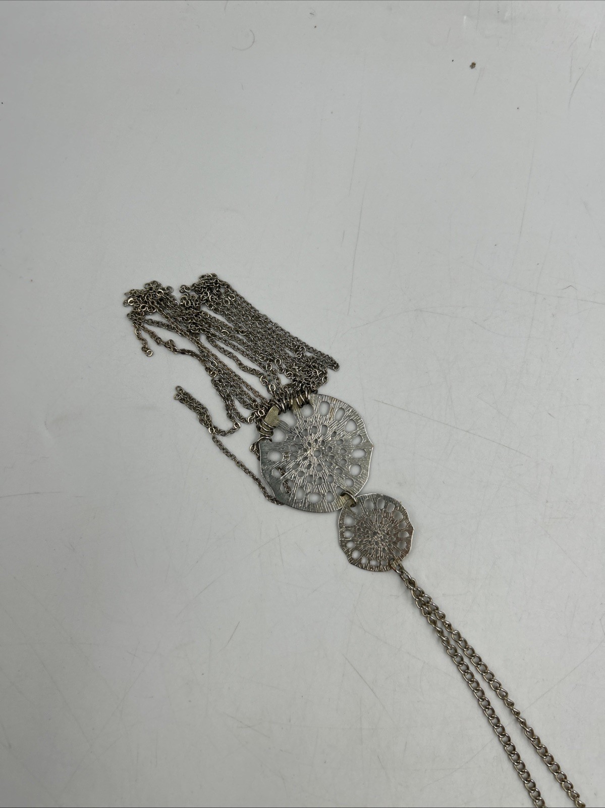 Silver Tone Filigree Pendant Tassle Y-Drop Chain Necklace