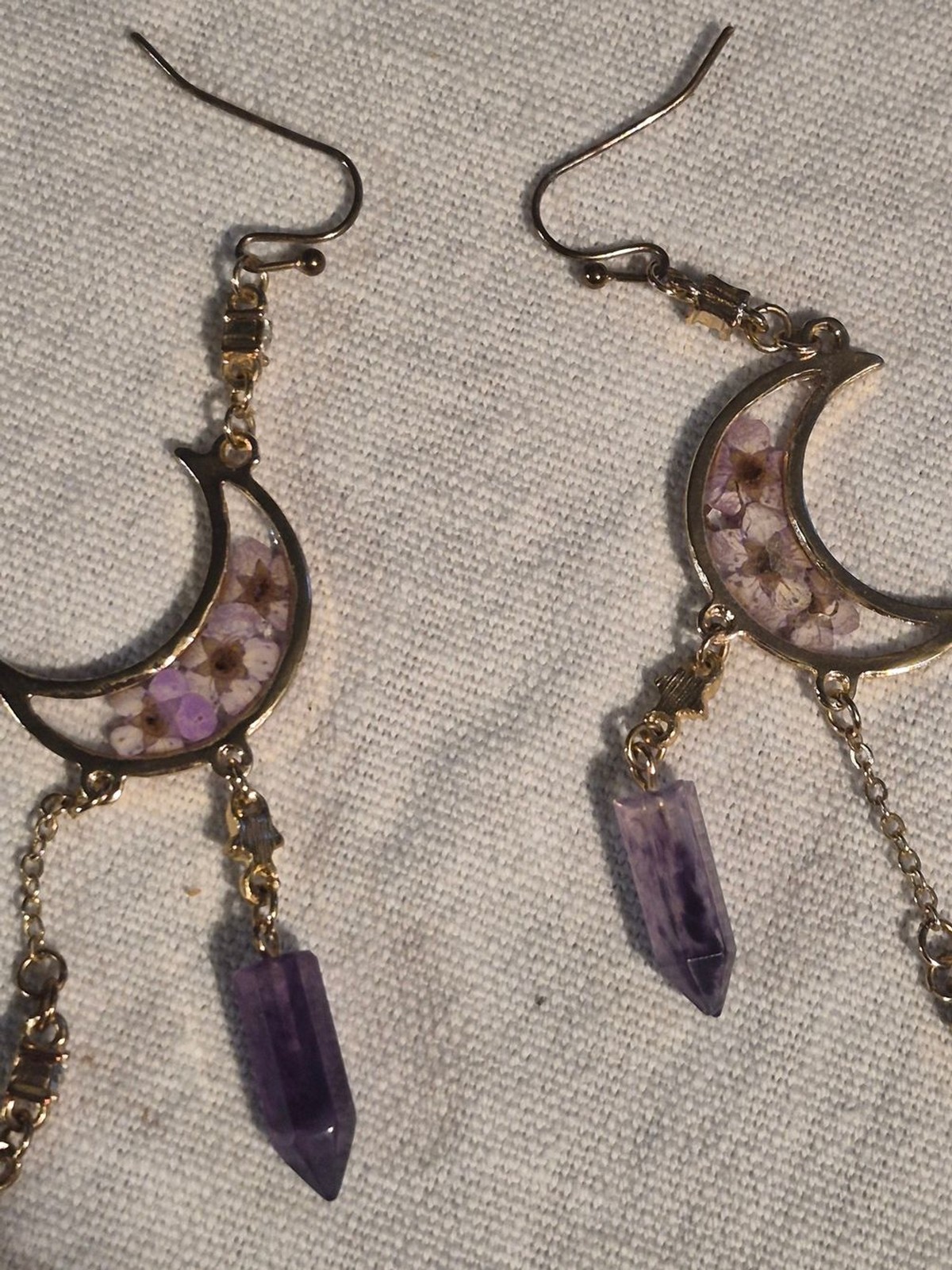 Gold Celestial Crescent Moon Resin Real Purple Flower and Faux Amethyst Crystal