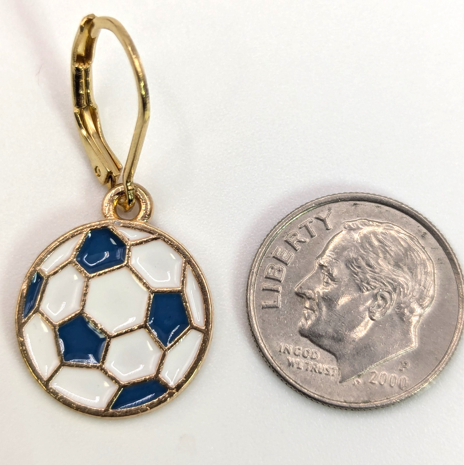 Soccer Ball Dangle Drop Earrings, 24K gold plated leverbacks, enamel, blue/white