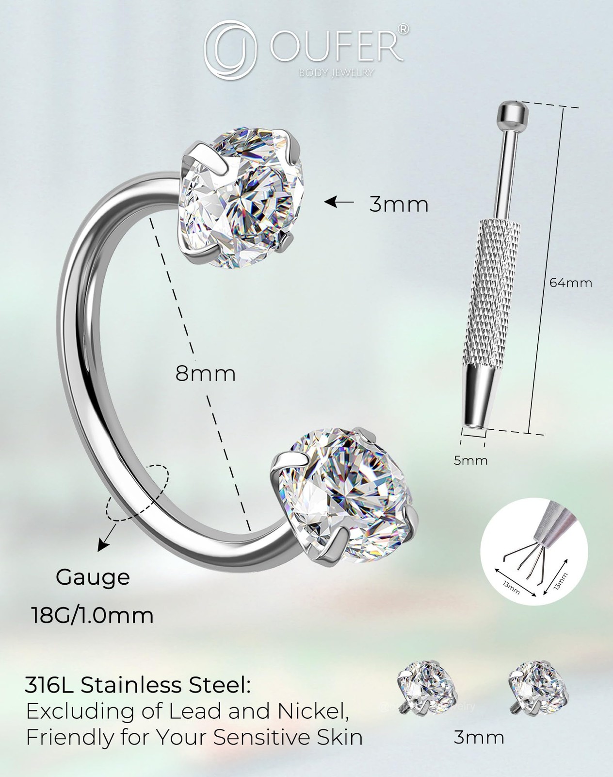 OUFER 18G Horseshoe Nose Rings Studs, 316L Surgical Steel 20g 8mm, Silver
