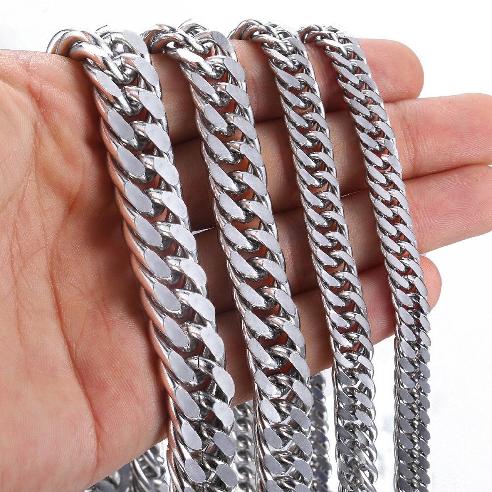 8-18mm Mens Stainless Steel Necklace Silver Color Curb Cuban Link Chain Necklace