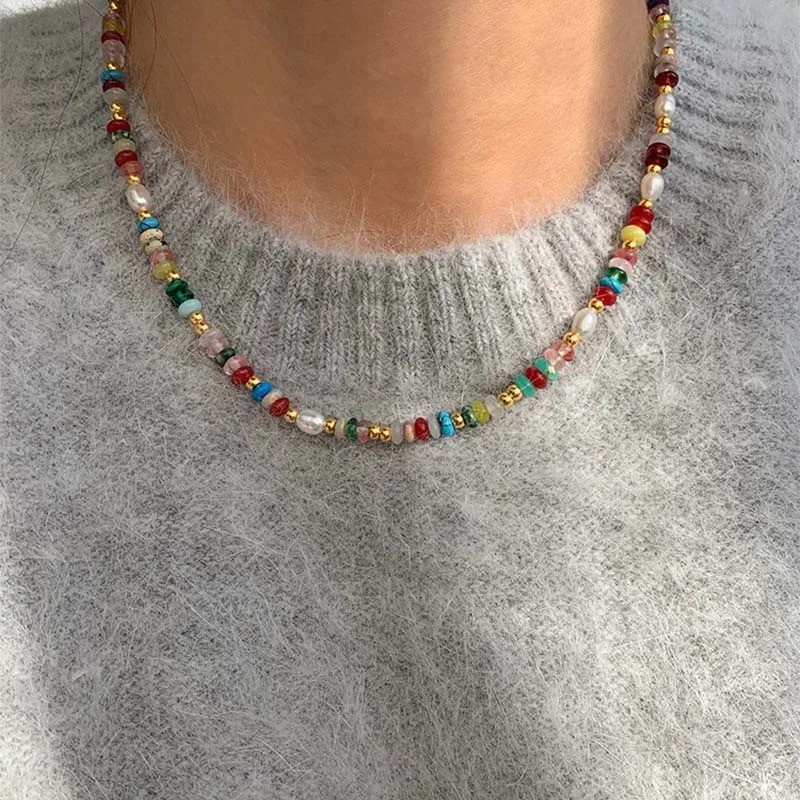 Premium Assorted Gemstone Rainbow Women Necklace Natural Freshwater pearl Choker