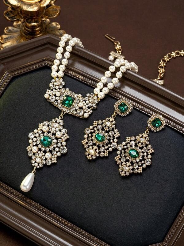 Emerald Green Crystal Pearl Necklace Earrings Set Vintage Bridal Gold Statement