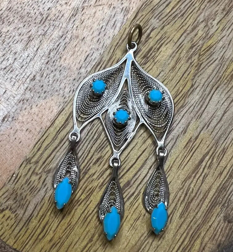 Pendant Blue Mixed Metals Faux Turquoise Tribal Indian Triple Dangle