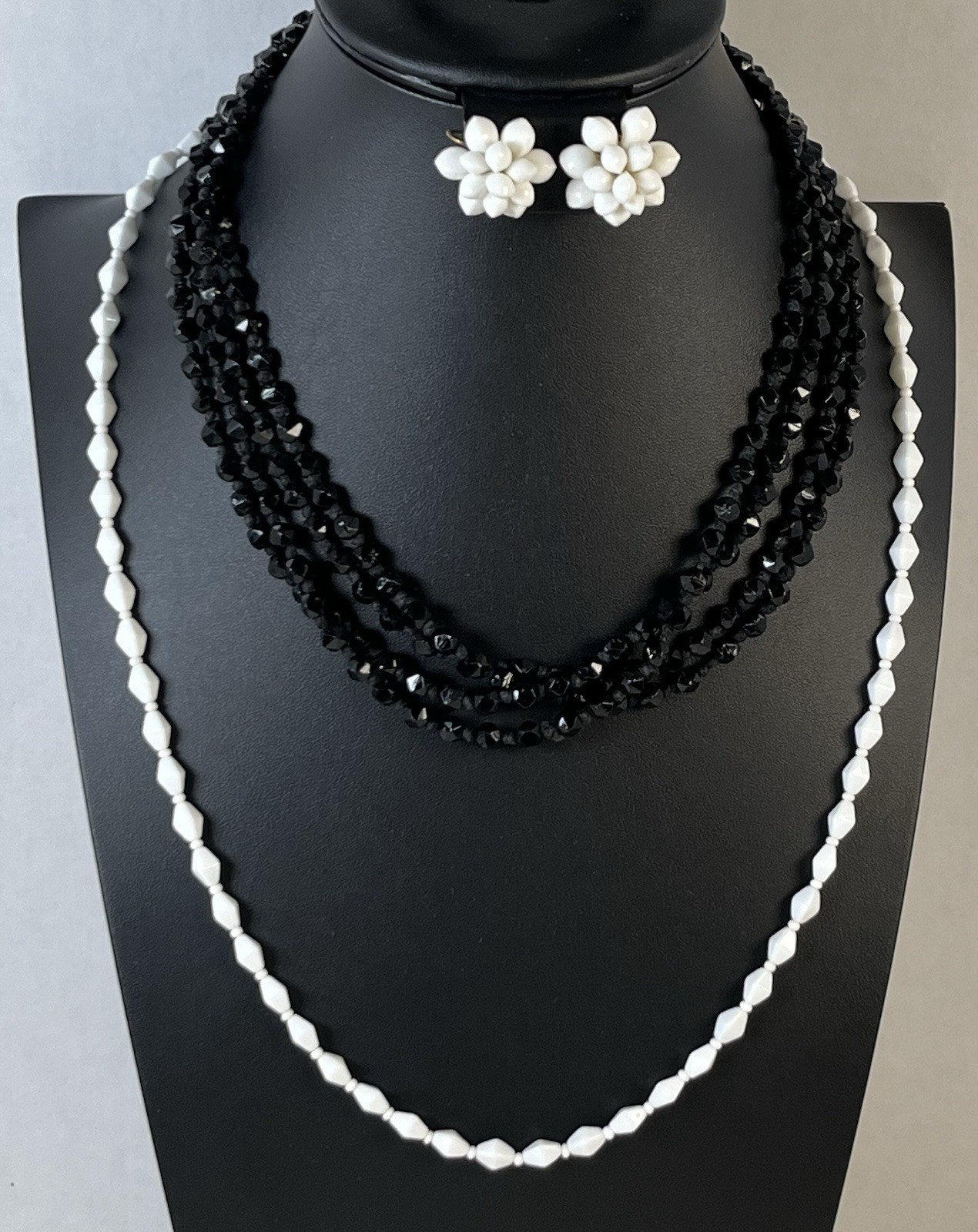 Vintage White Glass Necklace & Earring Set w/ Bonus Black Glass Necklace