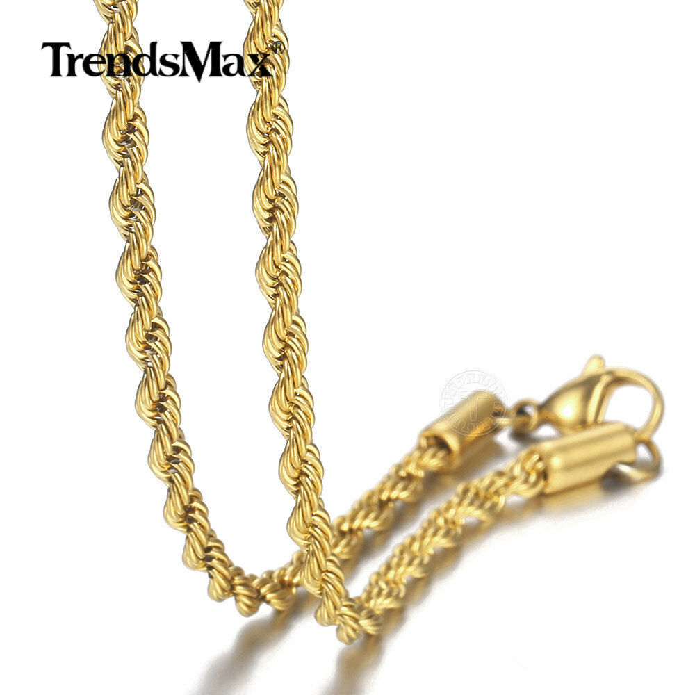 3/5MM Gold Stainless Steel Rope Chain Necklace Bracelet Unisex Jewelry Set 7-30″