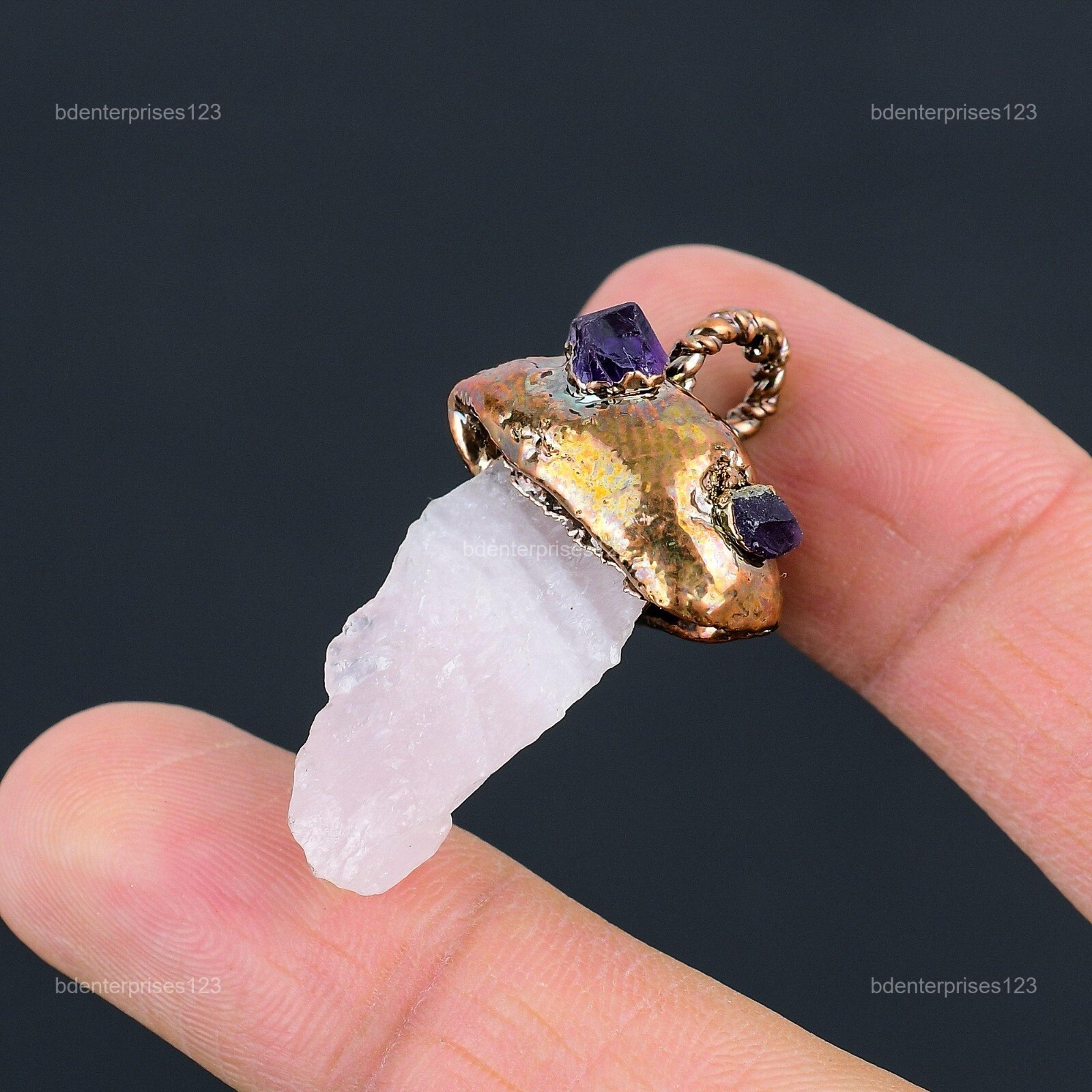Pentagon Rose Quartz Rough Gemstone Sister Electroformed Pendant Jewelry Copper