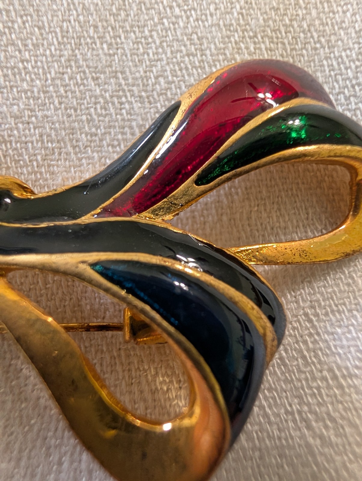 Gold Tone Enamel Bow Brooch w/ Rhinestone Center, Black Red Blue Green