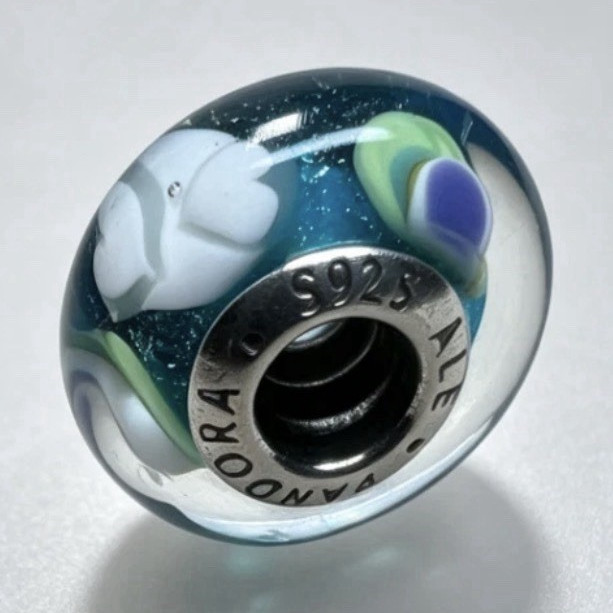 PANDORA 925 Sterling Silver Murano Glass Bead Charm Blue Green White • Signed
