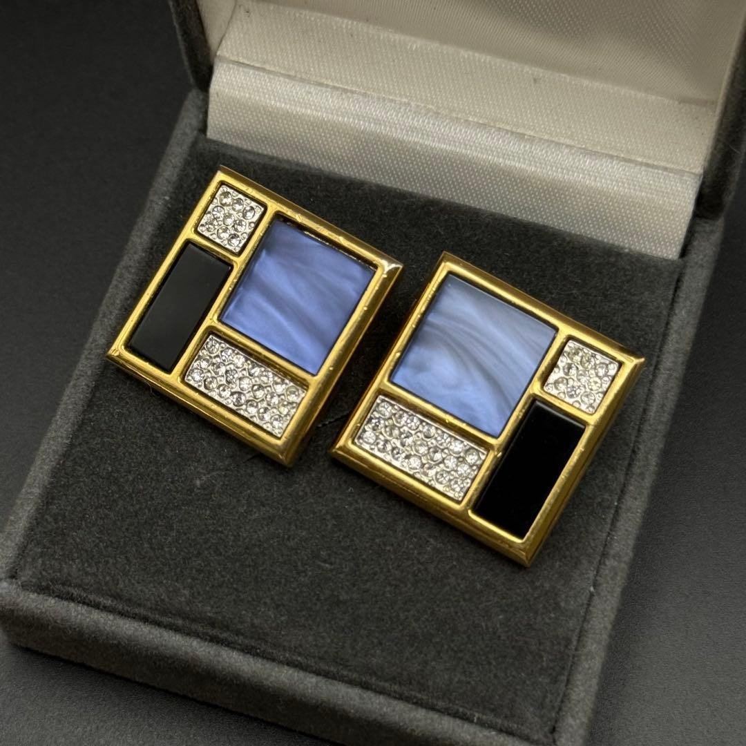 Yves Saint Laurent Earrings YSL Square Engraving Vintage Gold Tone From Japan