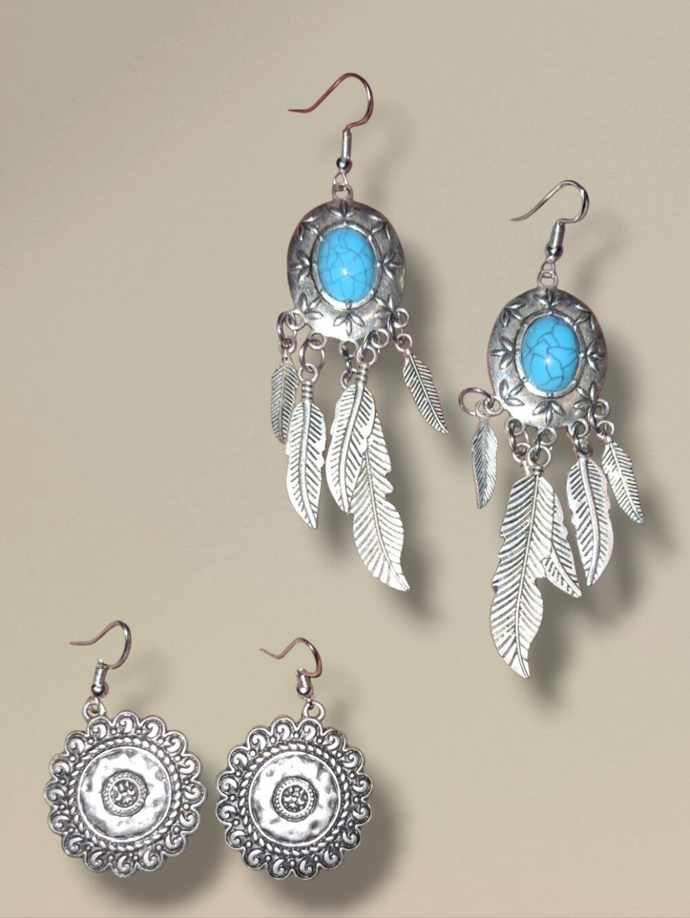 Silvertone Medallion Or Feather Drop Earrings lot of 2