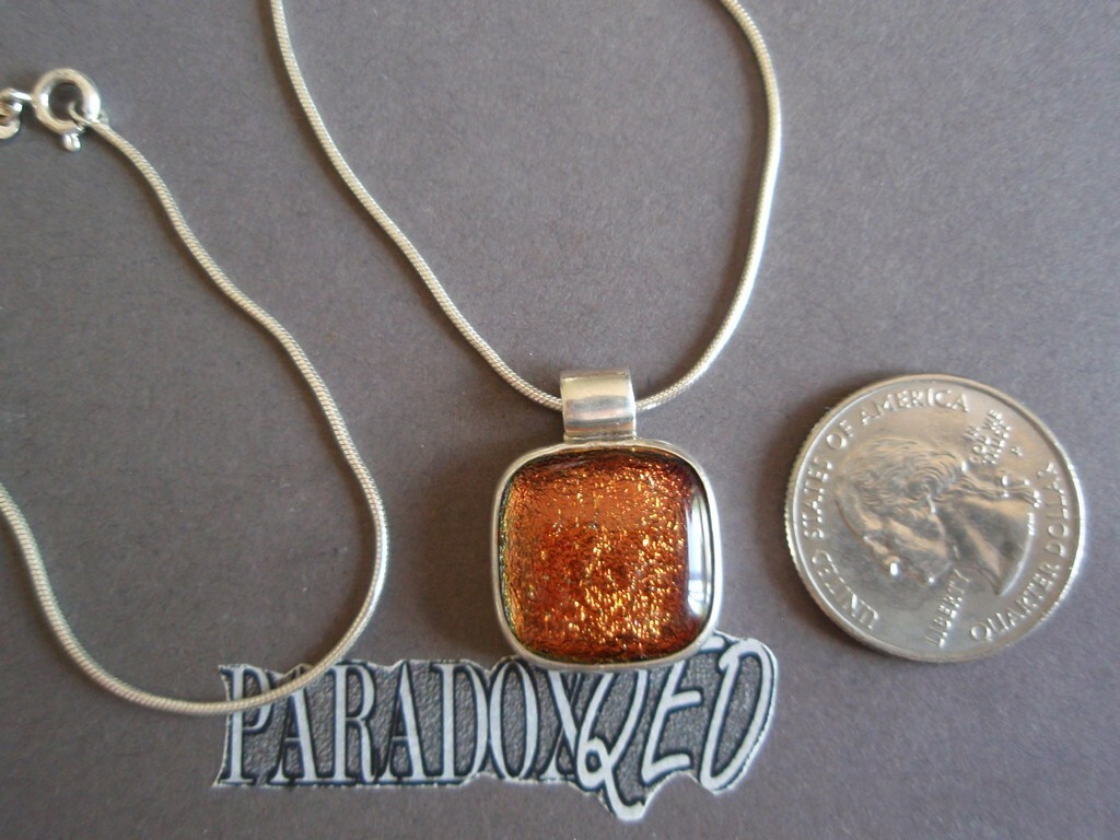 Sterling Silver 925 Brown Gold Dichroic Glass Pendant Snake Chain Necklace FAS
