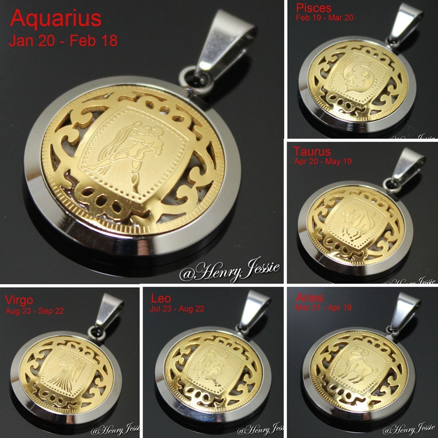 MEN WOMEN Stainless Steel Silver/Gold Plated 12 Zodiac Signs Horoscope Pendant