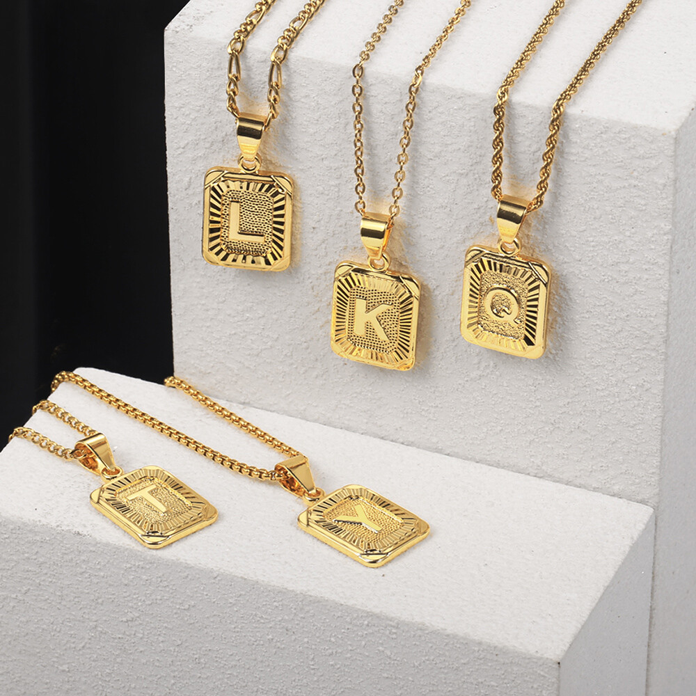 Gold Plated Letter A-Z Pendant Necklace Stainless Steel Curb or Box Chain 18-22″