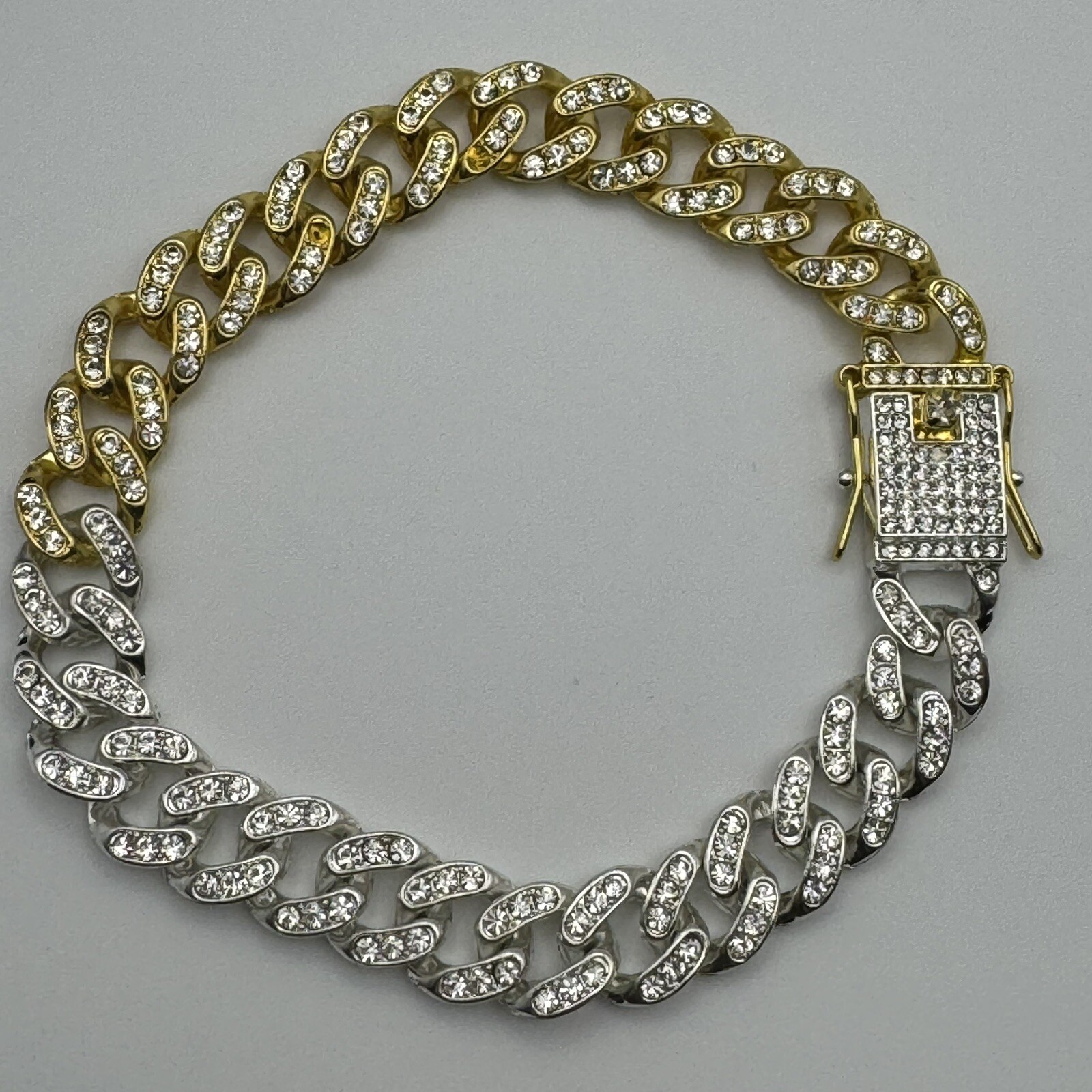 Goldtone Silvertone Rhinestone Cuban Link Box Clip Closure Bracelet 9 1/2”