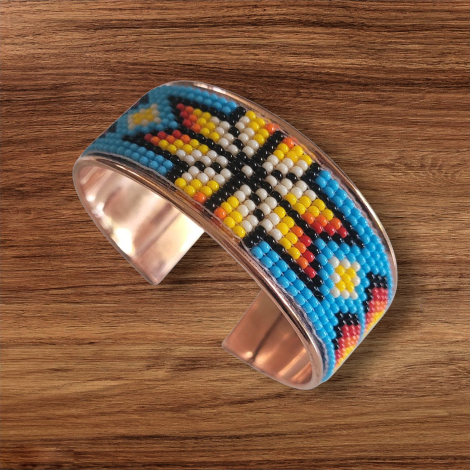Native American Style Copper Seed Beaded Adjustable Bracelet Cuff Blue Star