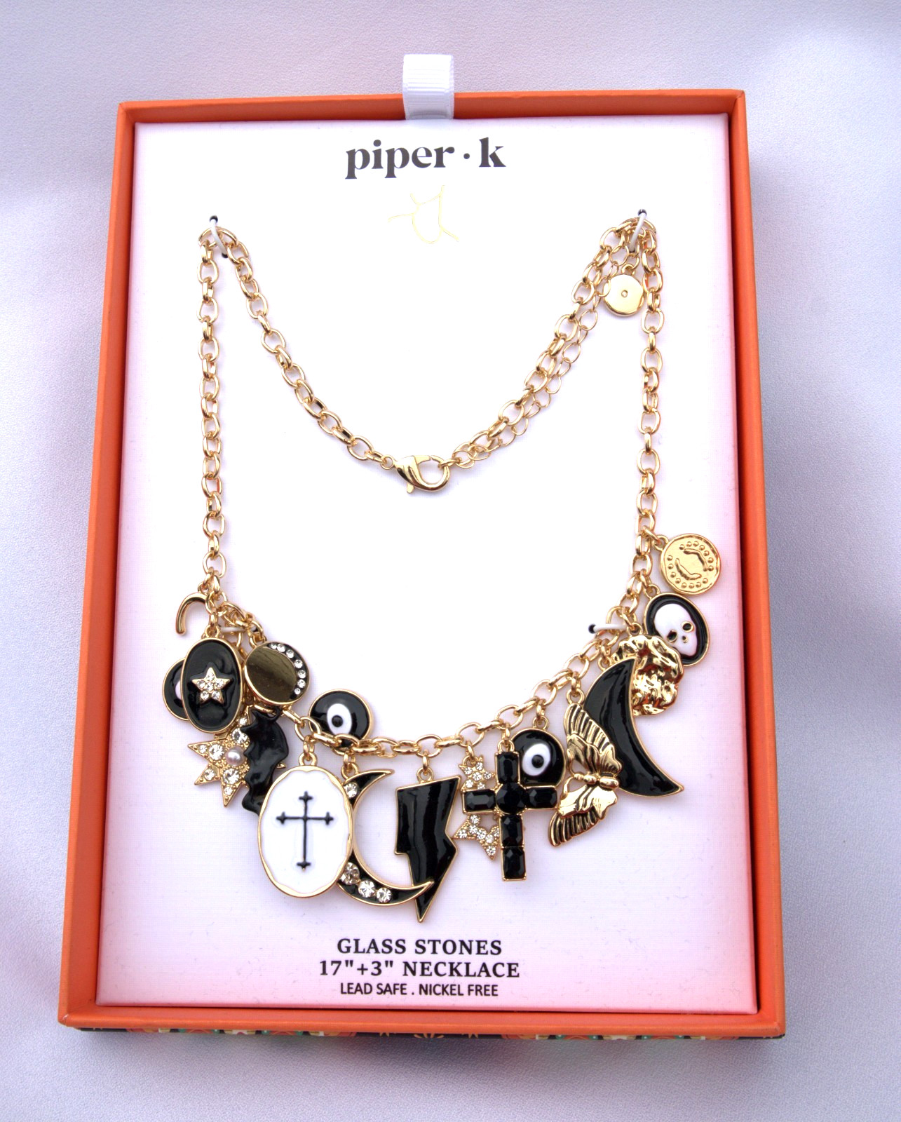 Piper K Halloween Charm Necklace w/ Rhinestones White Black Bat Skull Cross