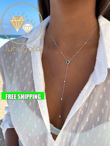 14K White Gold Plated Teardrop Lariat Y-Necklace 1.00 CT Pear Simulated Emerald