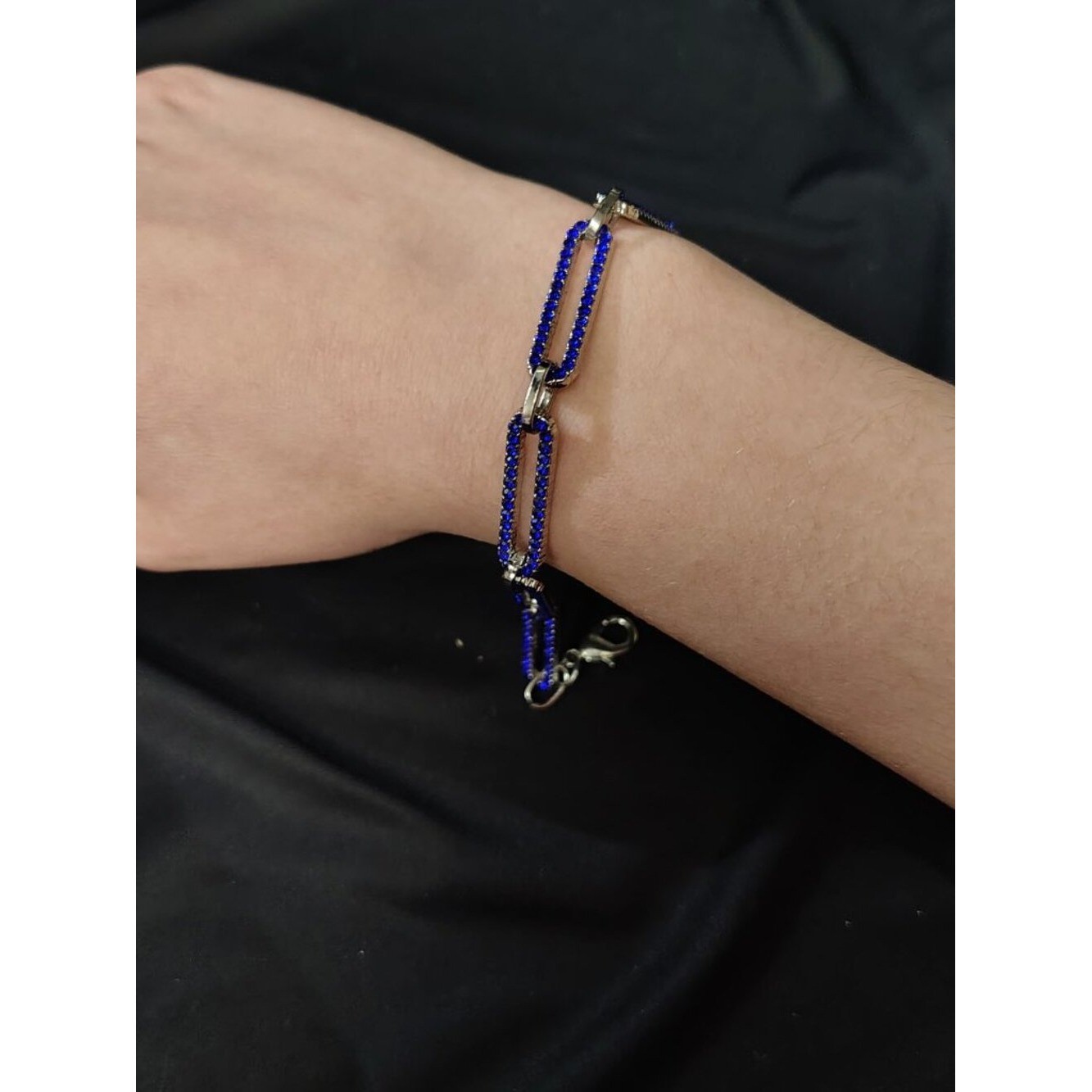 Blue Austrian Crystal Paperclip Chain Bracelet Silver Tone Adjustable 7.5-9.5″