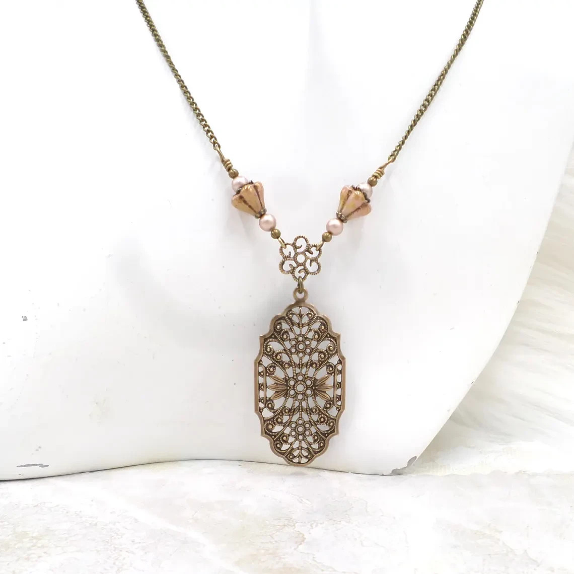 Victorian Style Brass Filigree Blush Pink Flower & Pearl Necklace Set