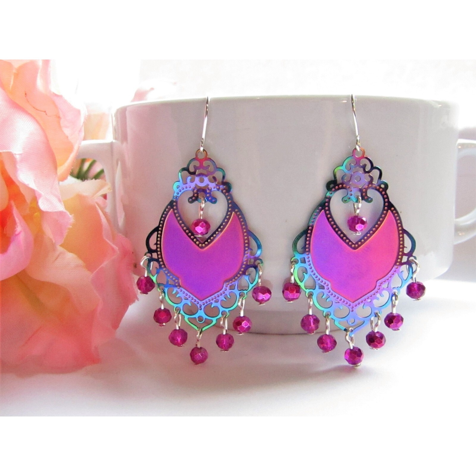 Pink/Blue Glass Lightweight Chandelier Earrings, Pink Dangle Earrings