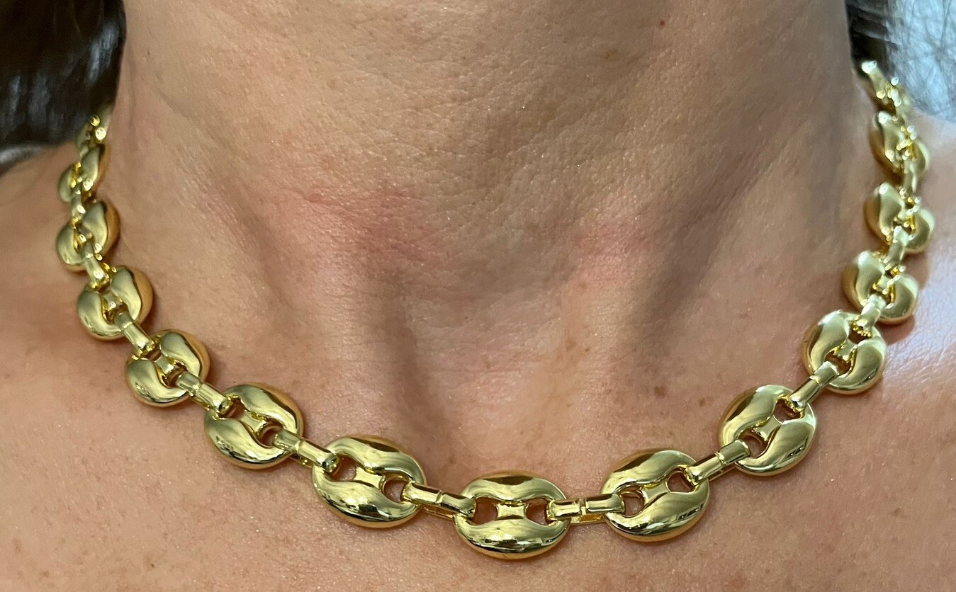 14k yellow gold Plated Puffy Puffed Anchor Mariner Link Chain Necklace 1cm