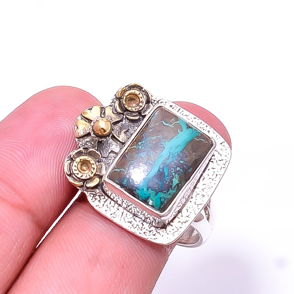 Natural Chrysocolla Two Tone 925 Sterling Silver Ring s.8.5 R30, Christmas Gift