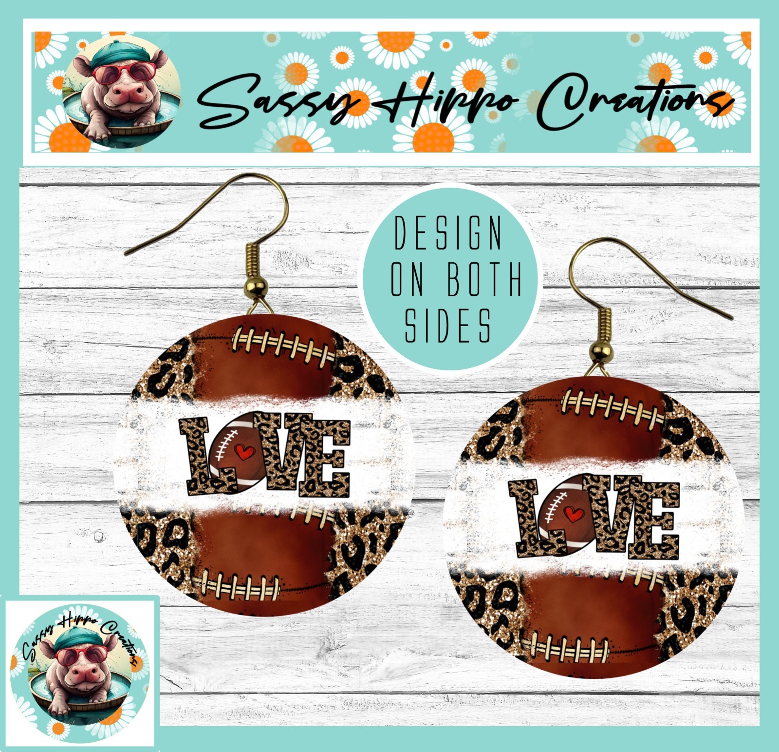 Earrings Round Gold Hook Backs Football Love Momma Mom Sports MDF Sublimated