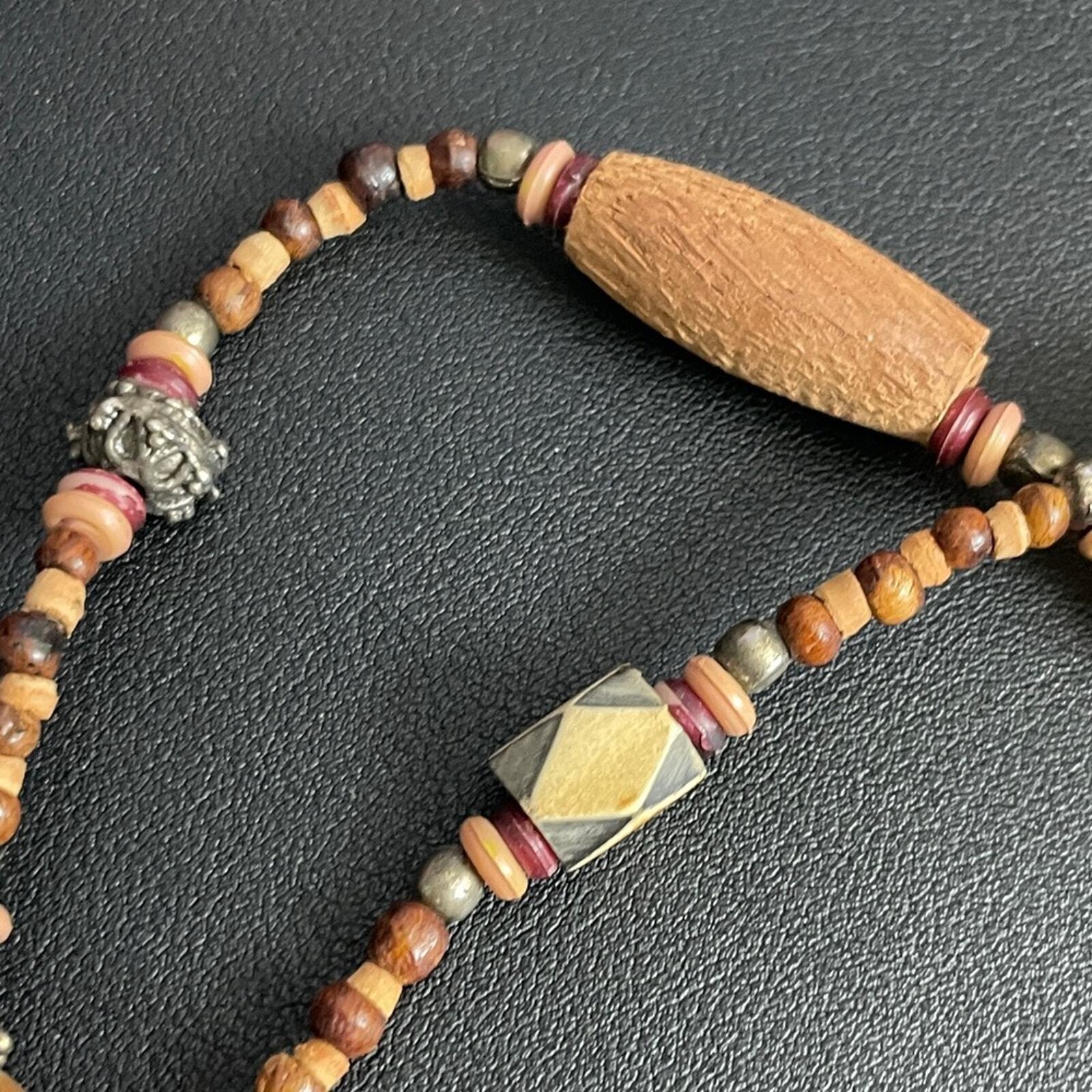 Vintage Wood Metal & Faux Amber 42″ Long Bead Necklace