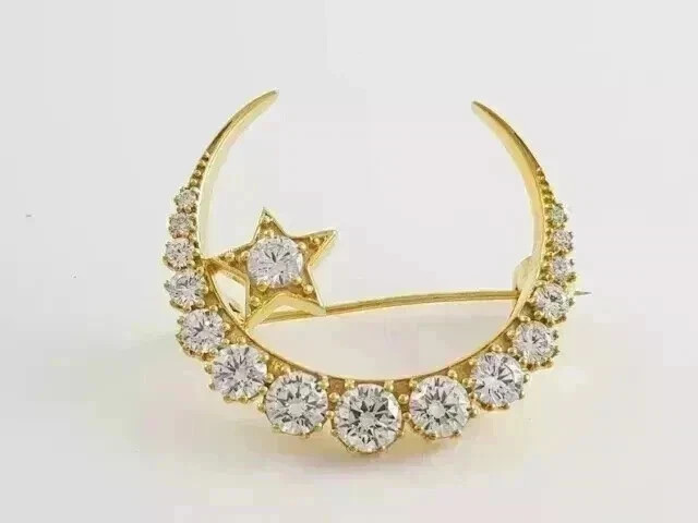 Round Cut Lab Created Diamond Crescent Moon Brooch Pin in 14K Yellow Gold Plated