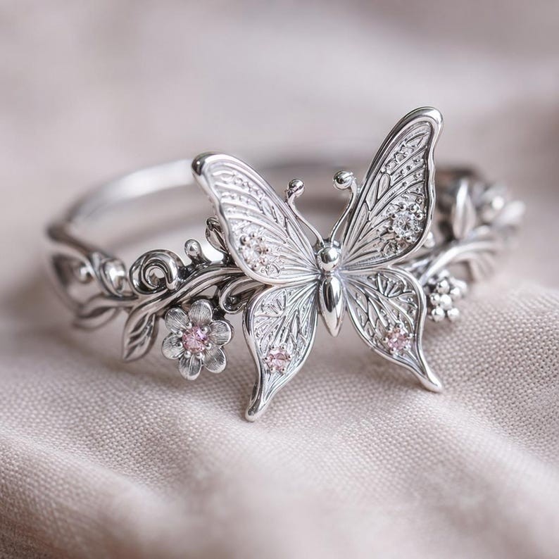 925 Sterling Silver Butterfly Ring Pink CZ Vintage Floral Statement Band New