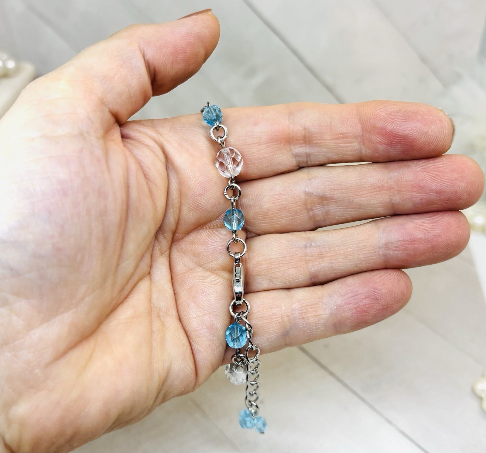 8mm Shiny Silver Plated Beaded Aquamarine Tennis Cup Chain Bracelet