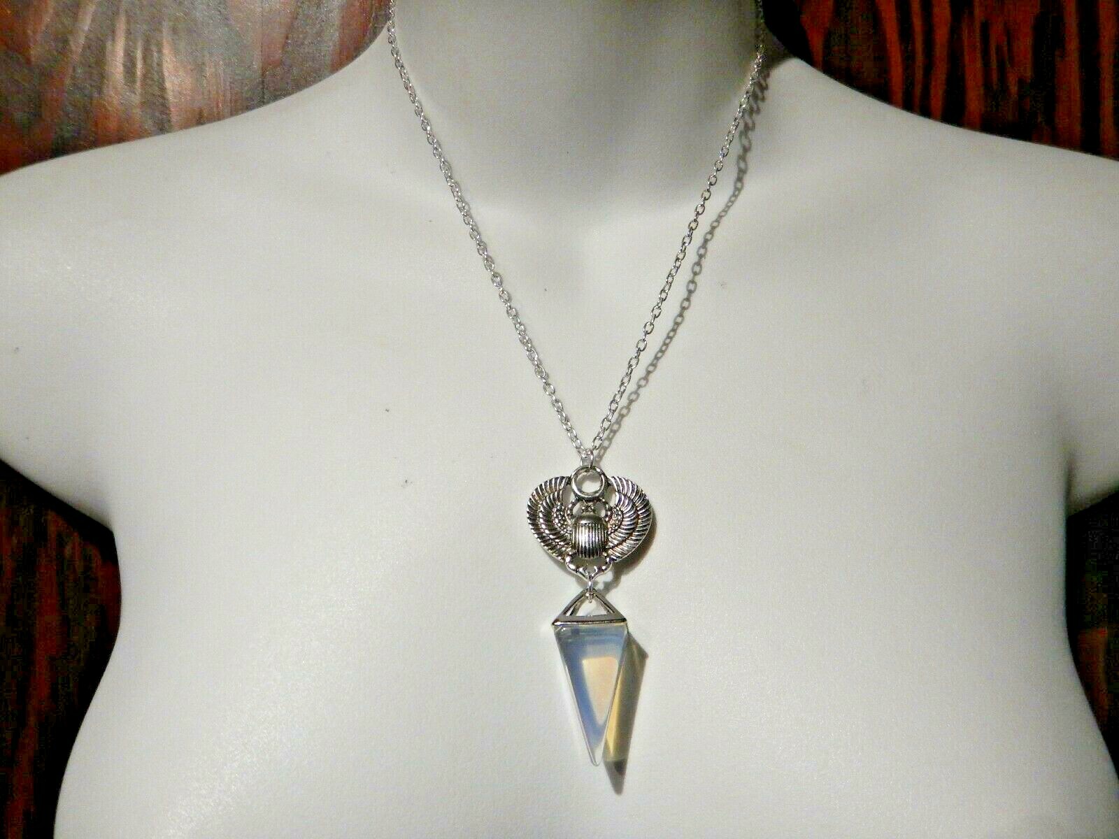 SCARAB BEETLE OPALITE PYRAMID NECKLACE Egypt Egyptian Gothic Occult Pendant 5B