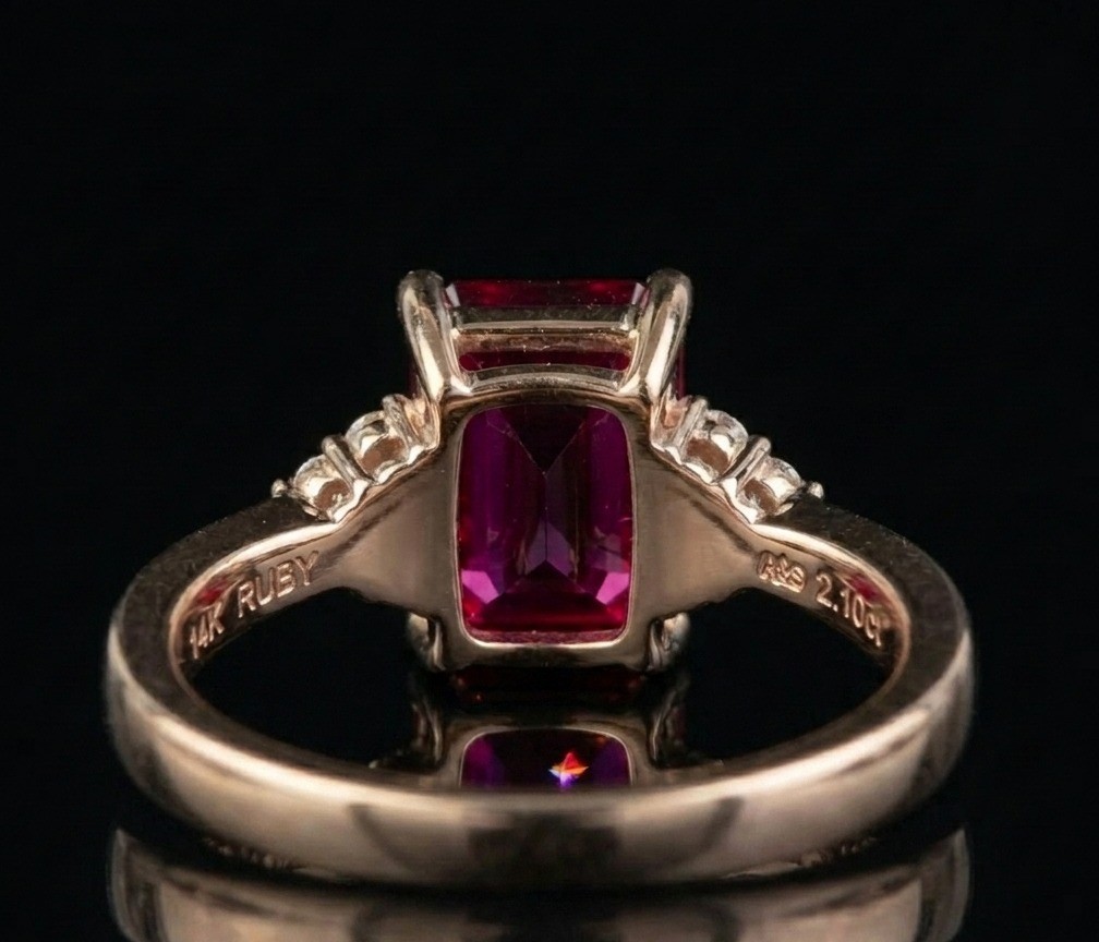 Emerald Cut Lab-Created Ruby, 925 Sterling Silver Statement, CZ Accents,