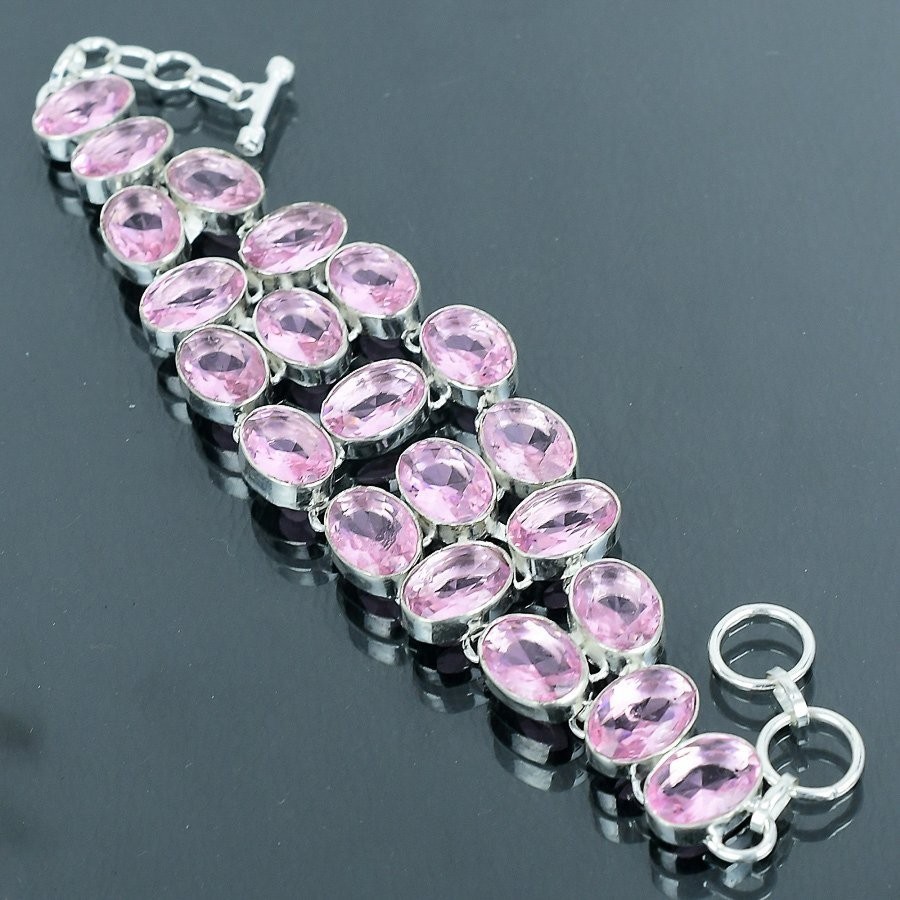 Pink Kunzite Gemstone Bracelet Handmade Adjustable Chain Oval Shape Jewelry 8″