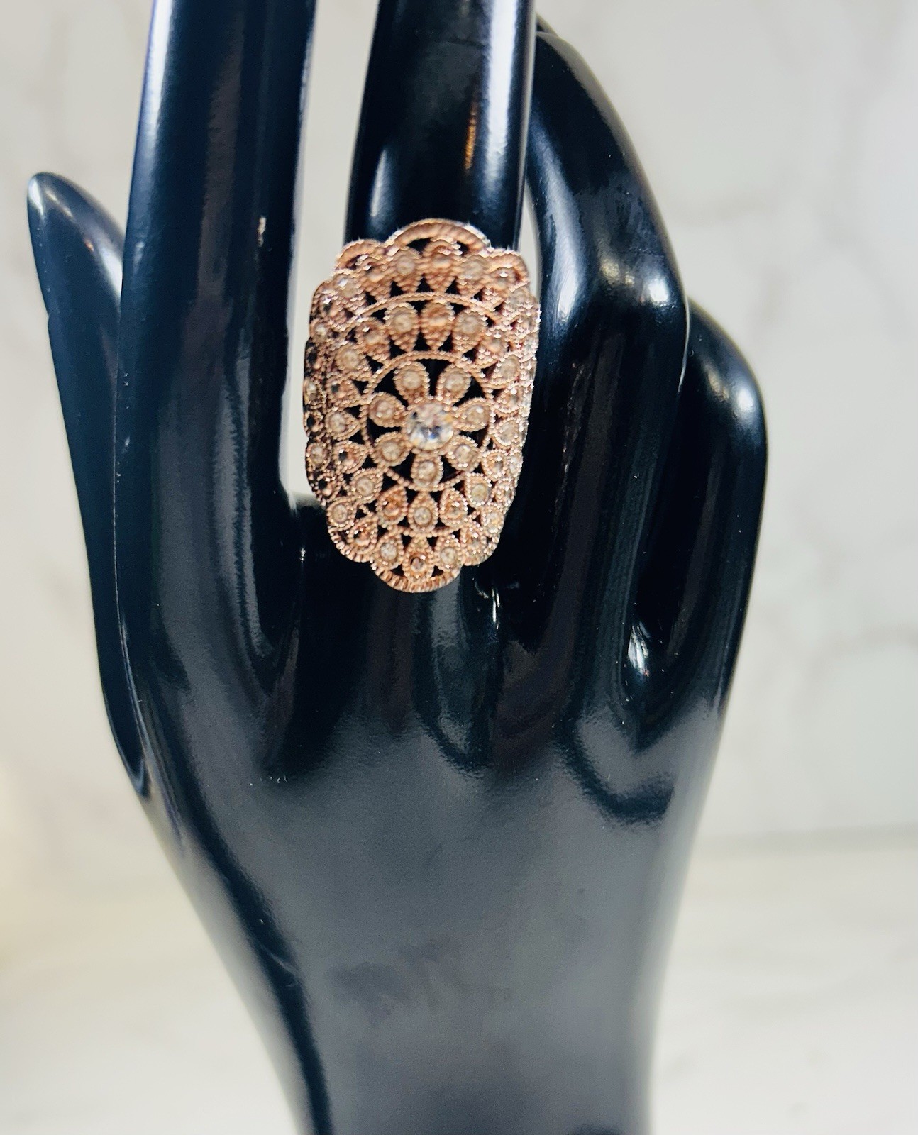 Vintage Rose Gold Filigree Costume Cocktail Statement ring size 7.5
