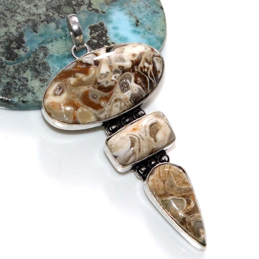 925 Silver Plated Long Rock Fossil Pendant 2.8″ Best Seller Design Trendy GW