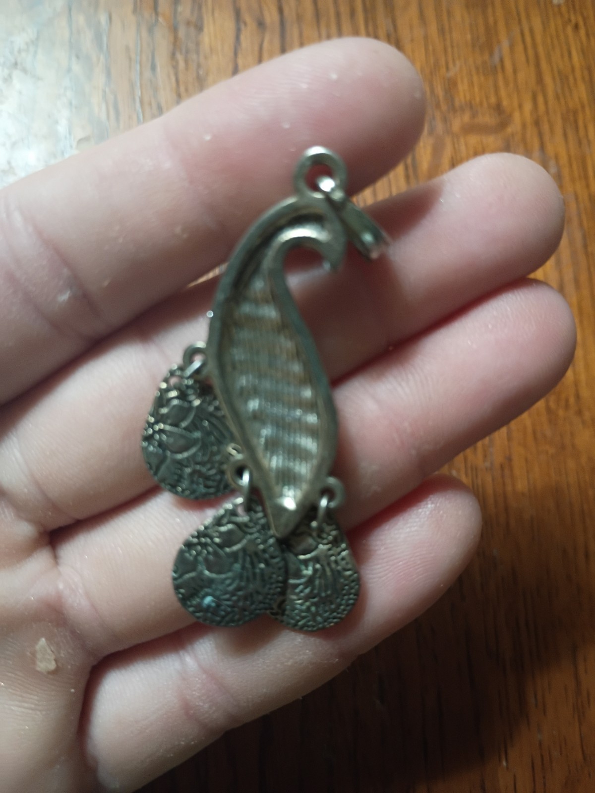 Silver Tone Metal Charm Pendant, 3 Green Oval Bezel Set Stones, Asymmetrical