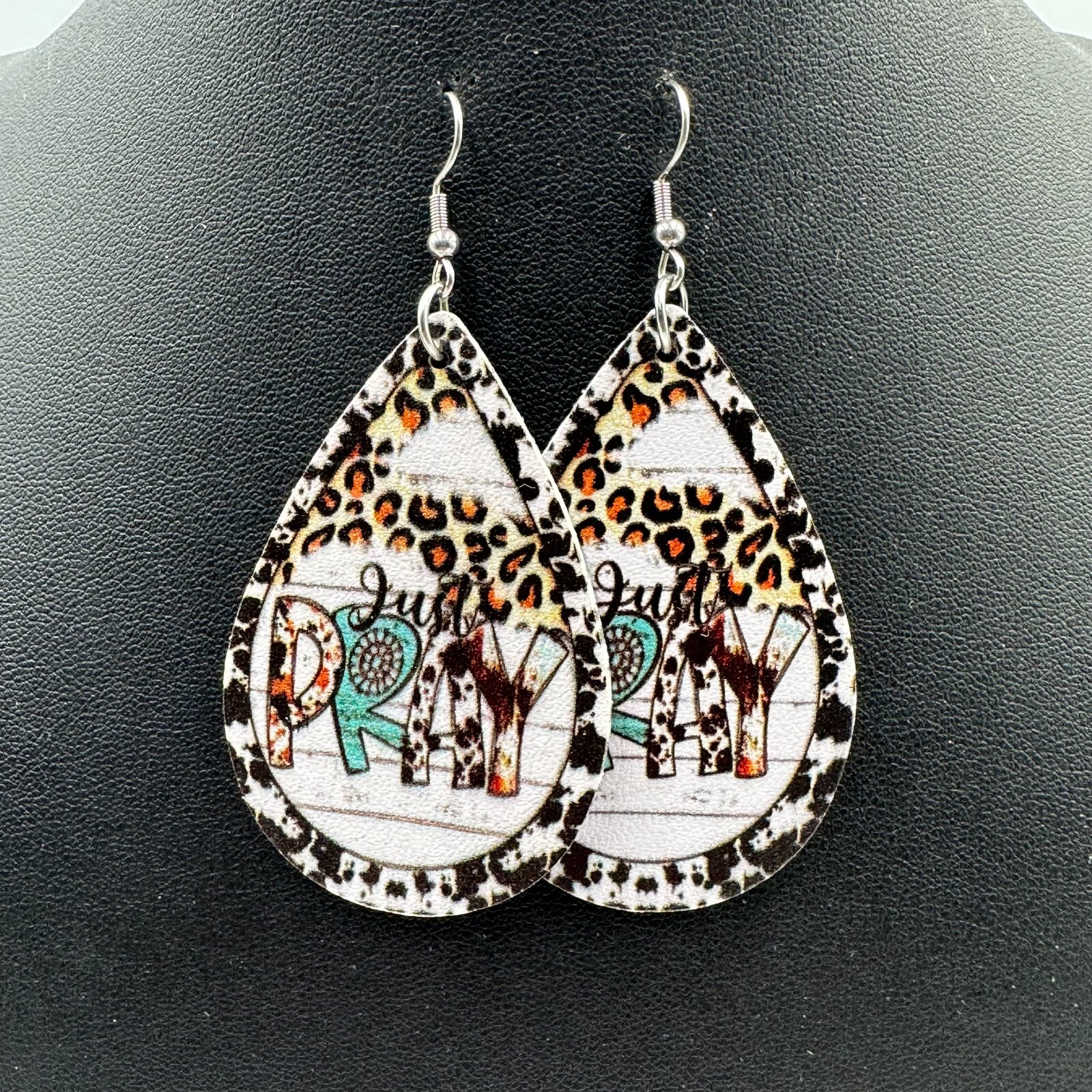 Just Pray Earrings Teardrop Vinyl Animal Print Leopard Western Boho Faith 2.5″