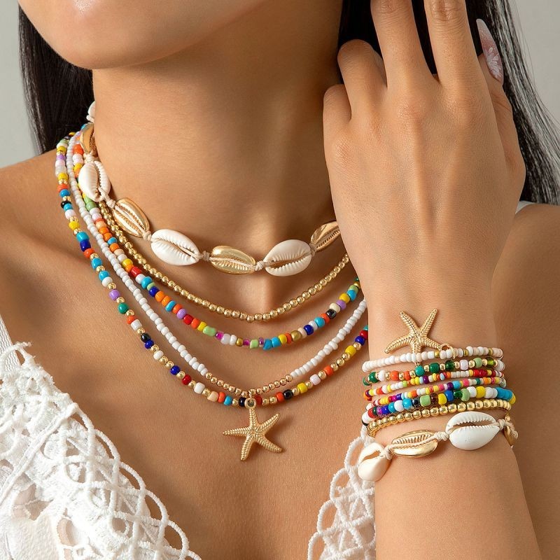 Rainbow Seed Bead Beaded Bracelet Necklace Set Seashell Starfish Beach Jewelry