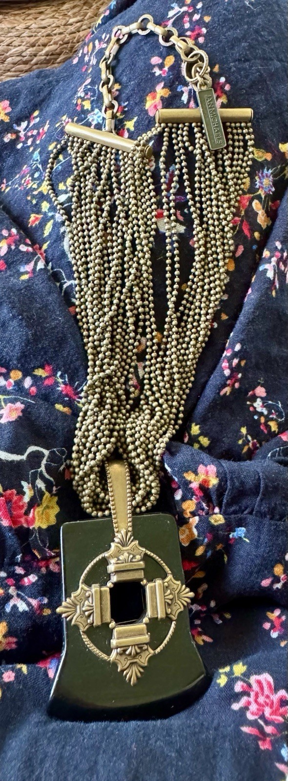 Ann Michaels Bronze Multi-Strand Pendant Necklace Geometric Ball Chain