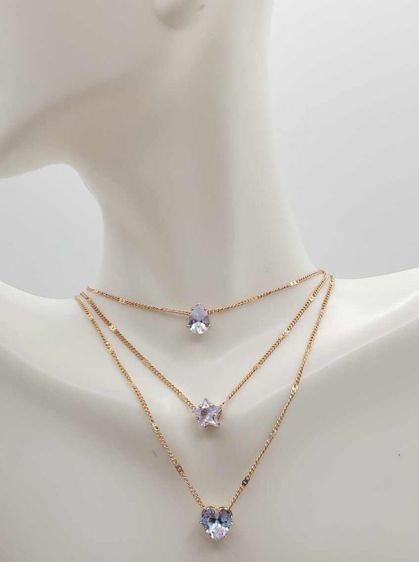 Crystal Zircon Teardrop, Heart & Star Charm Layered 3 Pendant Necklace