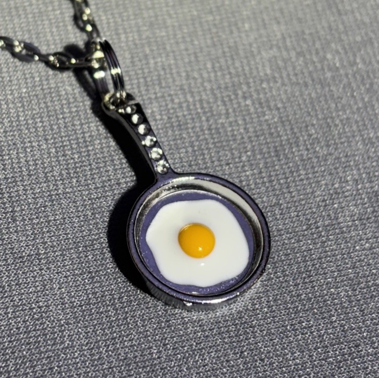 Fried Egg In Pan Pendant Silver tone Chain Necklace