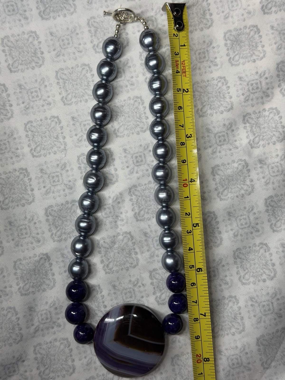 Artisan Banded Purple Agate Statement Necklace Pearl Beads Silver Clasp OOAK