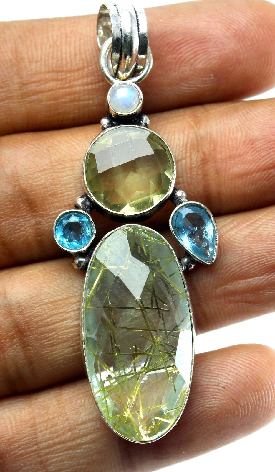 Handmade Sterling Silver Rutilated Quartz Pendant, Blue Topaz & Moonstone