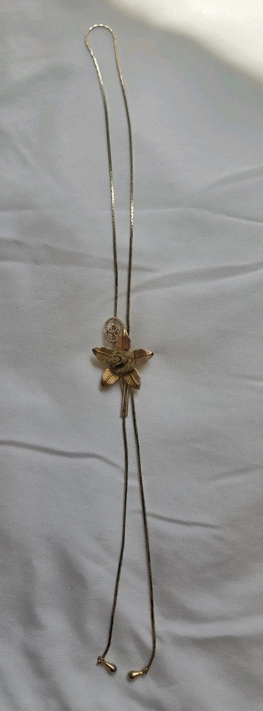 Vintage Gold Tone Flower Lariat Slide Necklace/Bolo